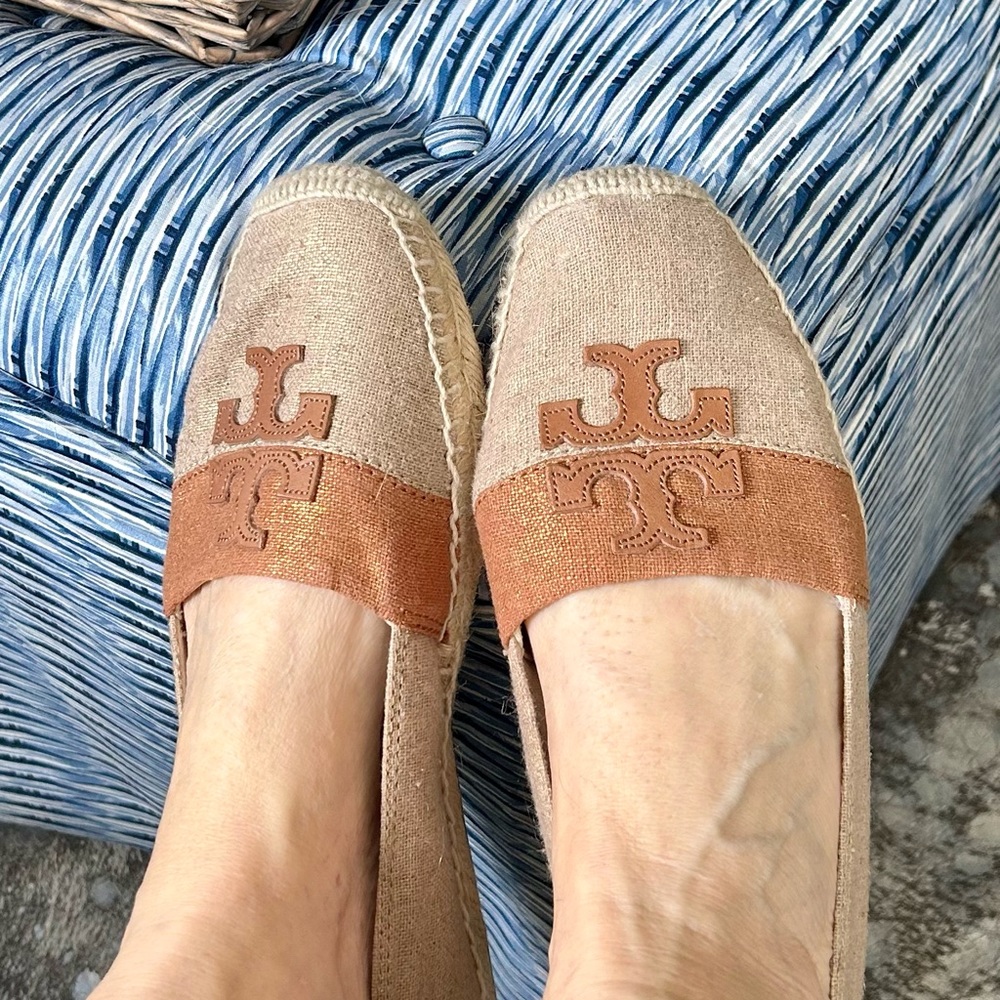Tory Burch espadrilles in a neutral color.